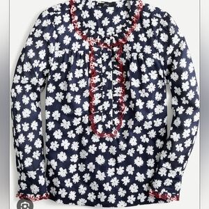 J. Crew Ruffle Blouse in Blue Scattered Daisy Print w/ Poppy Red Eyelet Trim S
